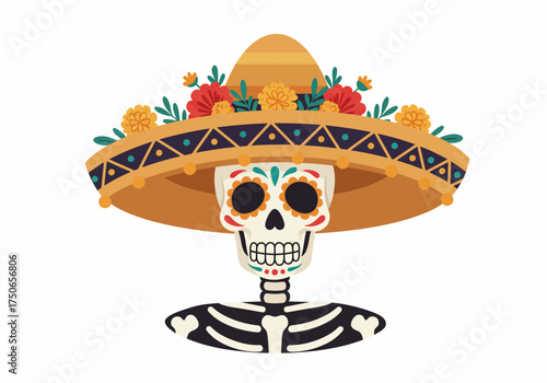 Calavera skeleton illustration with black eye sockets, wearing a Mexican hat decorated with red and yellow flowers
