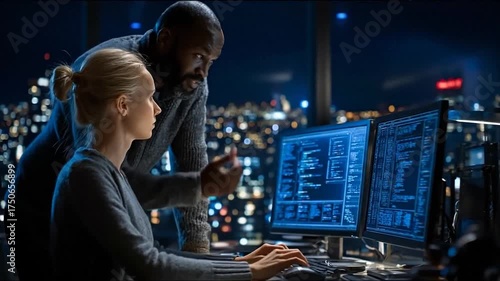 Diverse IT experts collaborating on complex data analysis, cybersecurity, and software development in a modern control room at night.