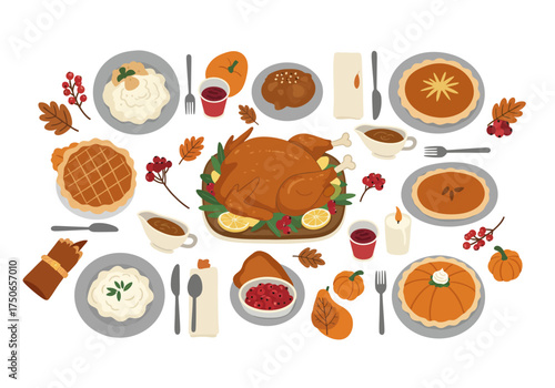 Illustration of a large Thanksgiving banquet spread across a table, centered on a roasted turkey, with various pies and sauces
