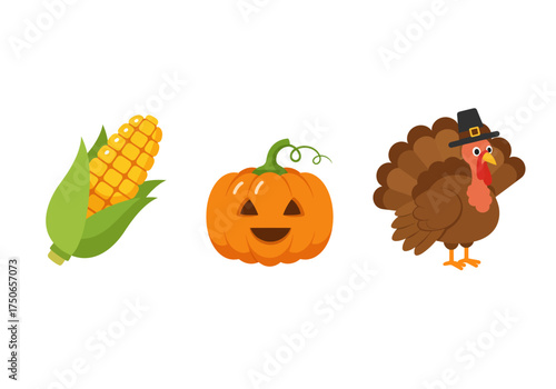Celebration icons illustration for Thanksgiving consisting of an ear of corn, a smiling pumpkin, and a cute Pilgrim-dressed turkey