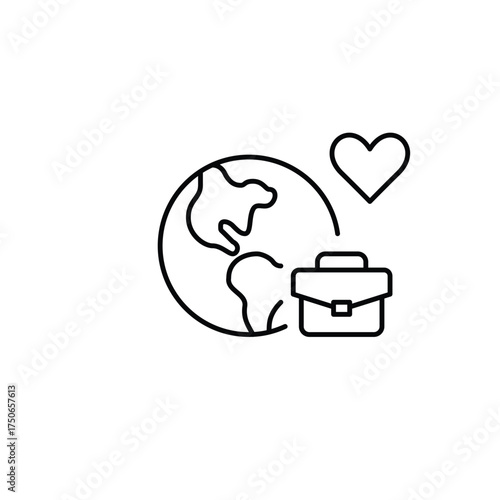 Earth, briefcase and heart. Global business, sustainable work and ethical enterprise. Pixel perfect, editable stroke vector icon