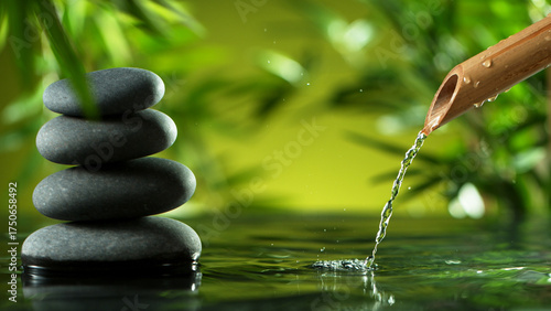 Canvas Print Zen Stones. Bamboo Water Fountain in Spa Garden