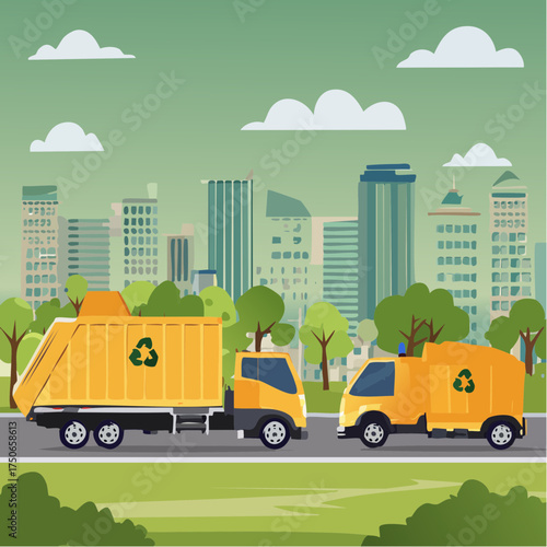 Trash utility, disposal and recycling concept set. Waste collector worker, recycling trash bin and garbage truck collection.