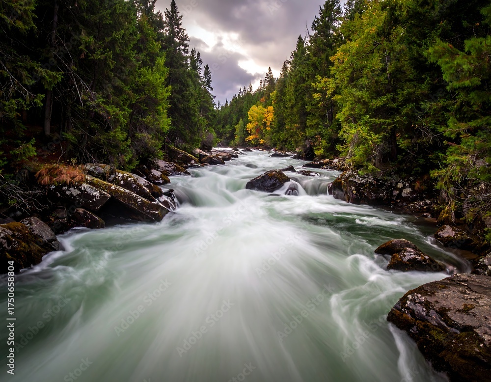 Obraz premium Flowing river captured in a lush forest setting