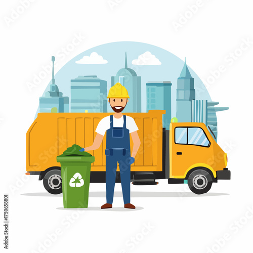 Trash utility, disposal and recycling concept set. Waste collector worker, recycling trash bin and garbage truck collection.
