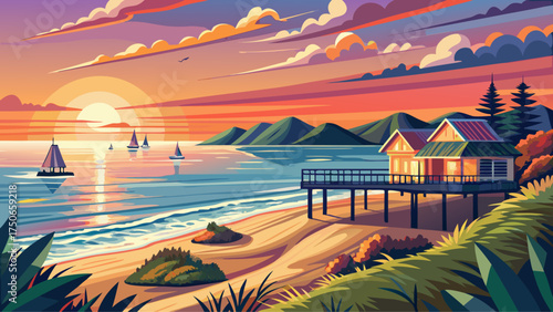 Very beautiful Virginia Beach sunset over Chesapeake Bay, vector-style seaside landscape with pastel colors and peaceful reflections.