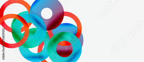 Abstract colorful circles overlap, creating dynamic visual composition. Bright hues blend, forming interesting shapes. Modern design element.