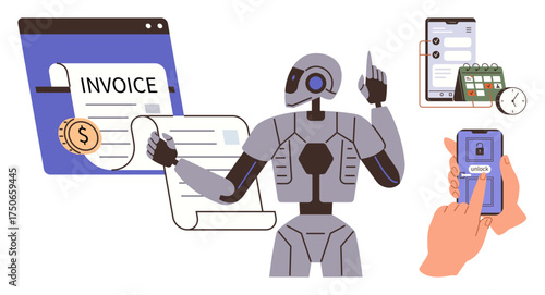 Robot processing invoices digitally, a phone unlocking screen, a mobile interface, dollar coin, and calendar. Ideal for automation, technology, AI, finance time management innovation secure
