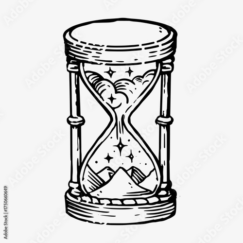Unique hourglass tattoo filled with stars, clouds, and mountains — symbol of time, cosmic destiny, and the infinity of life.