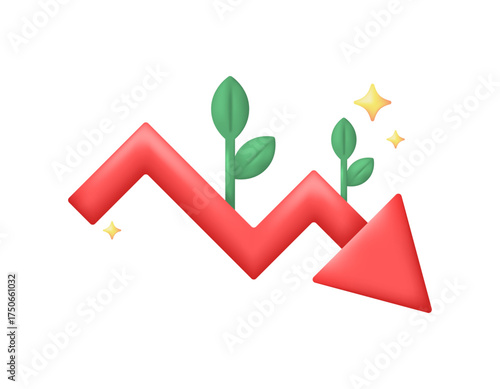 a concept of declining investment value. failed investments and losses. stocks continue to decline and plummet. illustration of a downward arrow with plants. 3D style design. symbols, elements