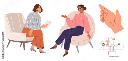 Two women conversing in modern chairs, large guiding hand, cloud with gears and network lines. Ideal for teamwork, collaboration, innovation, advice, mentorship, coaching communication simple flat