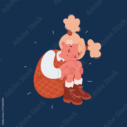 Cartoon vector illustration of a little girl hugging her knees as a metaphor for comfort, introspection, and emotional safety