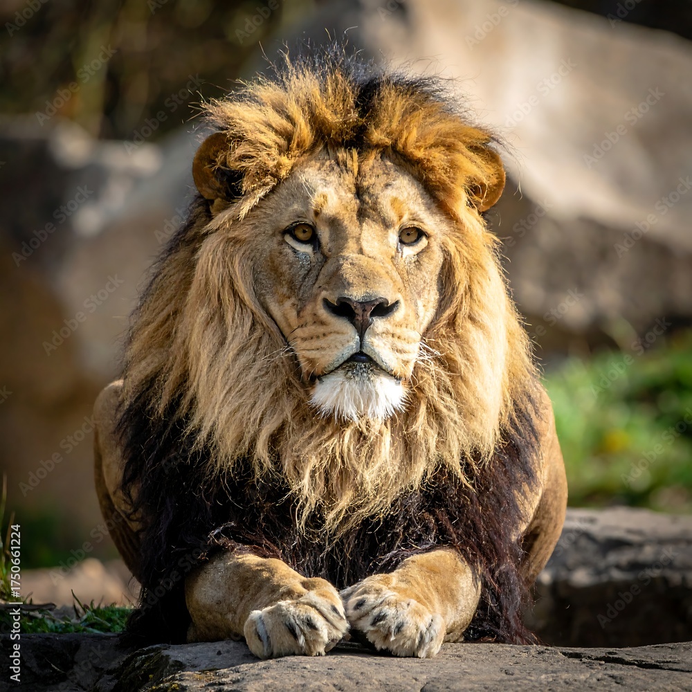 Fototapeta premium Majestic lion sits, looking directly at the viewer