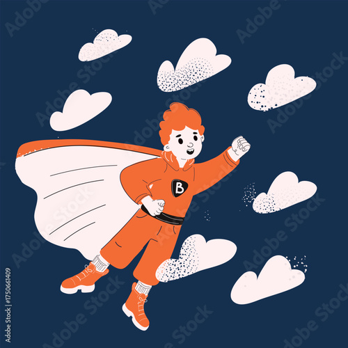 Cartoon vector illustration of a boy dressed as a superhero flying in the sky as a symbol of courage, imagination, and endless possibilities