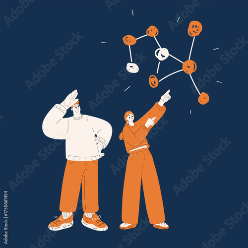 Cartoon vector illustration of a man and woman pointing at constellations in the night sky as a symbol of curiosity, discovery, and shared aspirations