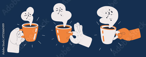 Cartoon vector illustration collection of hands holding mugs of coffee or tea as a symbol of comfort, togetherness, and shared warmth