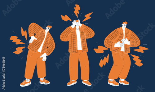 Cartoon vector illustration of a man in three scenes showing back, head, and stomach pain as a symbol of stress, health struggles, and human vulnerability