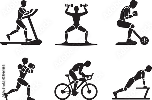 Diverse fitness actions, clean icons for health and exercise
