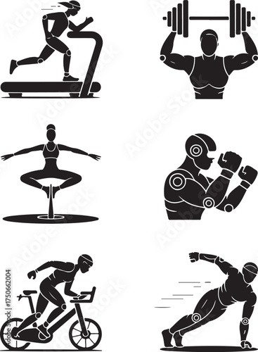 Dynamic fitness icons: run, lift, pose, box, cycle, pushup