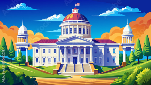 Very beautiful Virginia State Capitol building in Richmond, vector-style neoclassical architecture with surrounding trees and blue sky