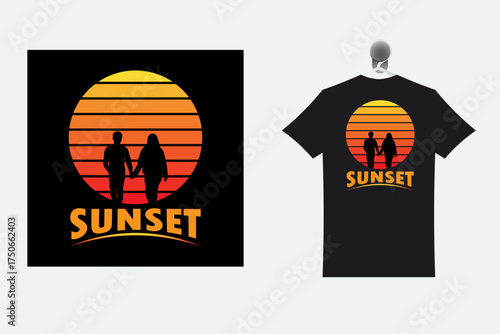 sunset t shirt design vector art with vintage silhouette couple for fashion industries