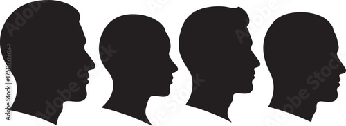 Four Male Head Silhouettes in Profile on White Background