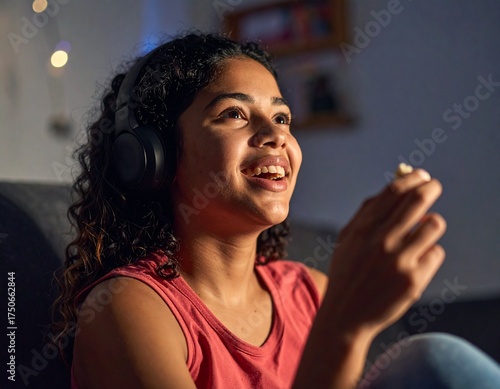 young woman watching movie and eating popcorn
