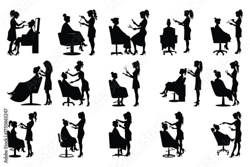 Silhouettes of women in a salon cutting hair woman