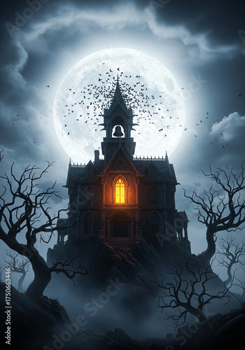Eerie Victorian Haunted House on a Hill Under a Full Moon with Bats and a Sinister Glow, Horror Movie Poster Style - Halloween Theme