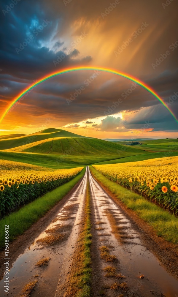 Obraz premium Rainbow Over Sunflower Fields Pathway Landscape, Sunlit Hills and Cloudy Sky