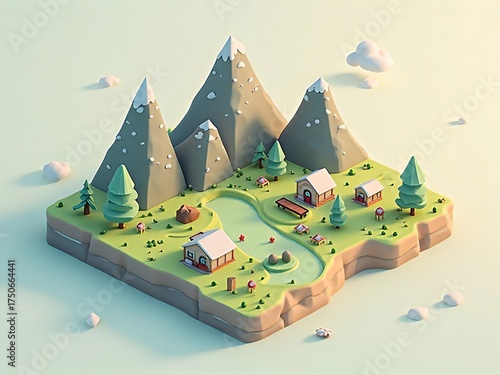 アイソメトリック, 3Dマップ, 地図, ゲームマップ, 自然, 景色, 環境問題, 森の中の家, ゲーム風景, ミニモデル, 風景, 木, ジオラマ, 3D, イラスト, 季節, 粘土, 建築, 観光, 旅行, 山, 森, 空, 太陽, パネル, 環境の, ビジネス, むら, 草, デザイン, 野原, 家, 町, 村, 村落, 集落, バカンス, くつろいで, 庭, ファーム, コテージ、