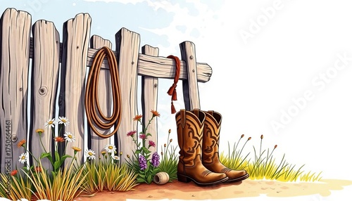 Hand-drawn illustration of a weathered, sun-bleached wooden fence, wildflowers, a lasso, and a pair of worn cowboy boots,  vector,  illustration