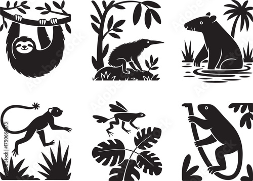 Jungle animals in bold black silhouette style