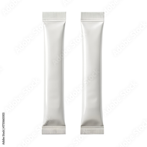 Two blank white stick packaging sachets isolated on transparent background, for food or cosmetic products