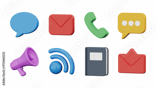 3d rendering of communication icons including speech bubble email phone chat megaphone wifi and notebook for social media marketing and business applications