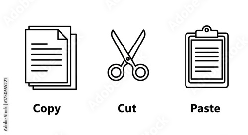 Copy Cut Paste Icons – Minimalist Line Art Office and Editing Tool Symbols