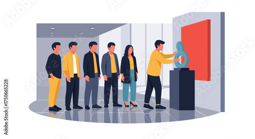 People Viewing Contemporary Sculpture and Abstract Painting in Art Gallery