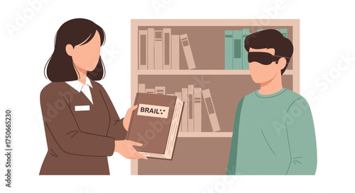 Librarian Helps Blindfolded Person Choose a Book from Shelf
