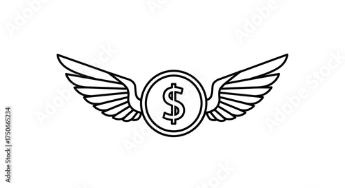 Flying Dollar Icon – Money with Wings Line Art Symbol for Finance and Expenses