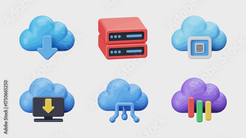 Cloud computing services featuring data storage server infrastructure file management download options and analytics represented by 3D render icons on a clean background