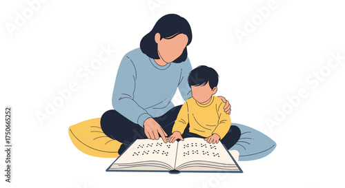 Mother and Child Reading Braille Book Together Learning Braille Alphabet
