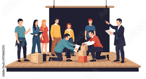 A group of actors rehearsing a theatrical performance on a stage with props and a director guiding them