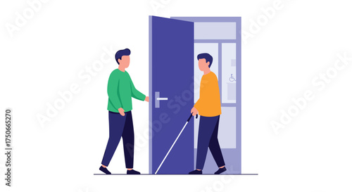 Man holding door open for a visually impaired person walking through