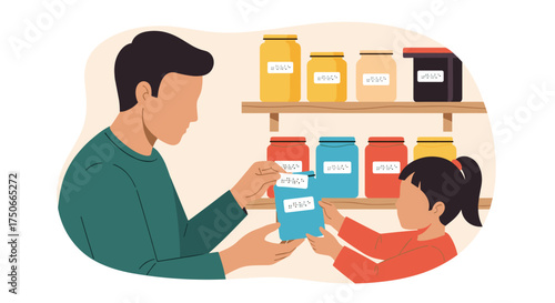 Father and daughter organizing food pantry jars together with labels