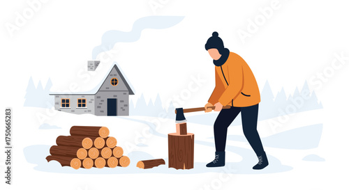 Man Chopping Wood Outside a Snowy Cabin Preparing for Winter Survival