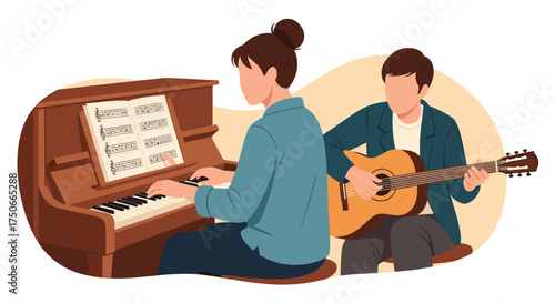 Two People Practicing Music Together On Piano and Guitar