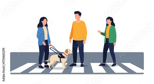 Guide dog assists person with vision impairment crossing a busy street safely with pedestrian help