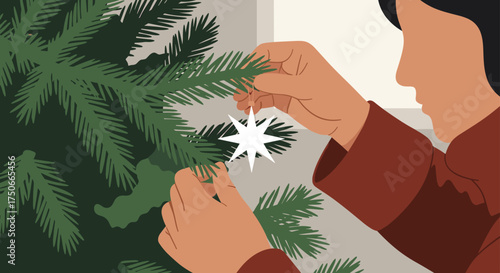 Decorating the Evergreen Tree With Festive Ornaments and Twinkling Lights