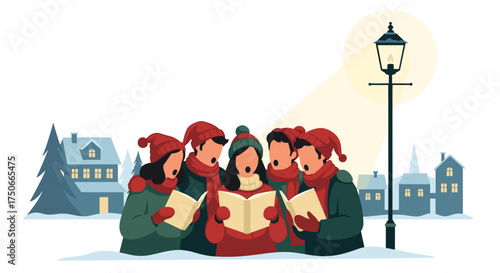 A Group of Friends Singing Carols Together Under a Lamppost