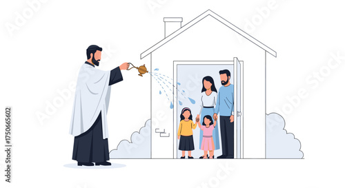 Priest Blesses Family Home with Holy Water Sprinkling Ritual